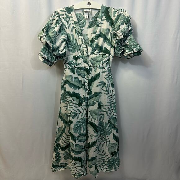Johanna Ortiz x H&M Green Palm Leaf Midi Dress Puff Sleeve Linen Blend XS - Picture 1 of 8